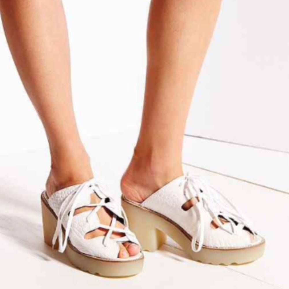 White High Heel Lace Up Platform Sandals Vegan Leather Faux Leather Pleather
